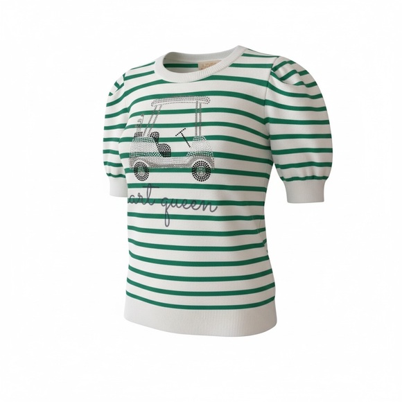 Judith March Cart Queen Golf Sweater Green White Striped Puff Sleeve Small - Picture 6 of 15